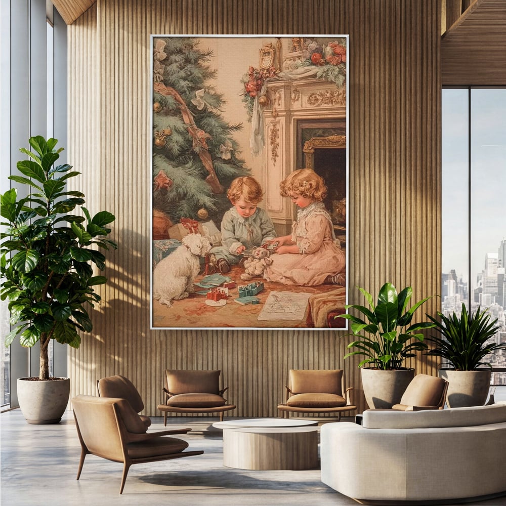 Tablou canvas cu ilustratie vintage cu copii langa bradul de craciun, in rama de aluminiu argintiu, pe perete intr-un birou